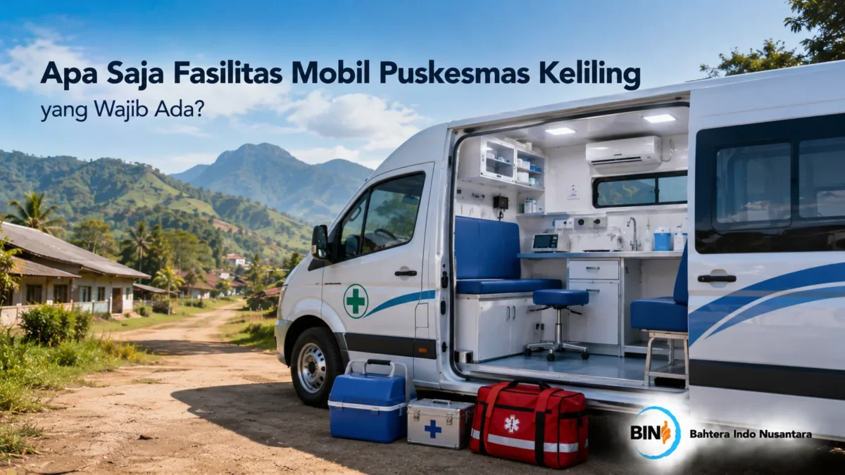 Mobil puskesmas keliling dengan ruang pemeriksaan dan fasilitas medis lengkap untuk mendukung pelayanan kesehatan di lapangan.
