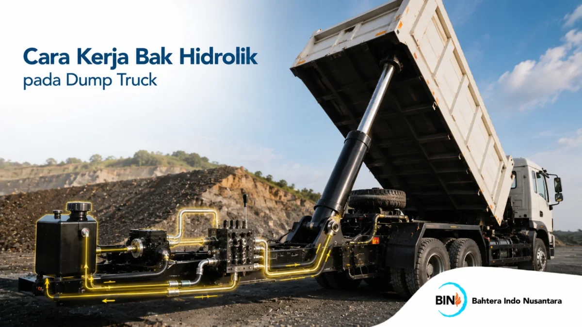 Mekanisme kerja bak hidrolik dump truck dengan sistem pompa, selang, dan silinder pengangkat material.