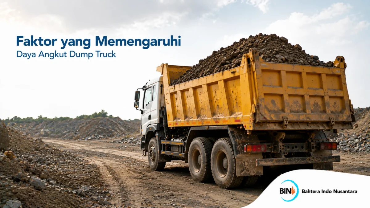 Dump truck bermuatan material dengan kapasitas angkut yang disesuaikan berdasarkan jenis material dan spesifikasi kendaraan.