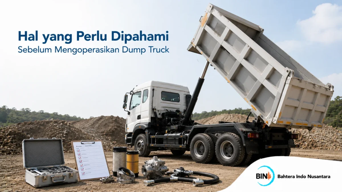 Dump truck dengan bak hidrolik terangkat dan perlengkapan pemeriksaan untuk persiapan operasional yang aman.