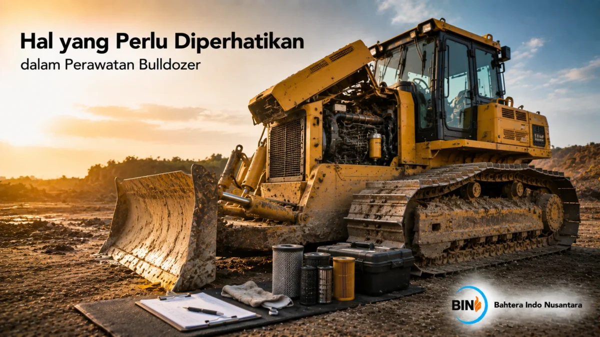 Bulldozer menjalani perawatan rutin di area proyek sebagai ilustrasi pentingnya pemeriksaan komponen untuk menjaga performa alat berat.