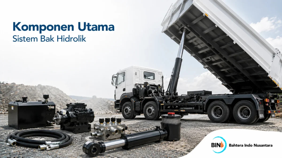 Komponen sistem bak hidrolik dump truck seperti pompa, selang, dan silinder pengangkat untuk mendukung proses bongkar muat.