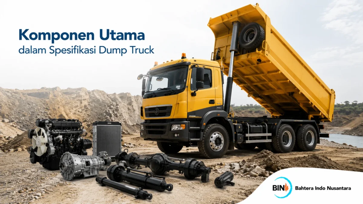 Dump truck dengan komponen utama seperti bak angkut, sistem hidrolik, dan chassis untuk kebutuhan operasional berat.