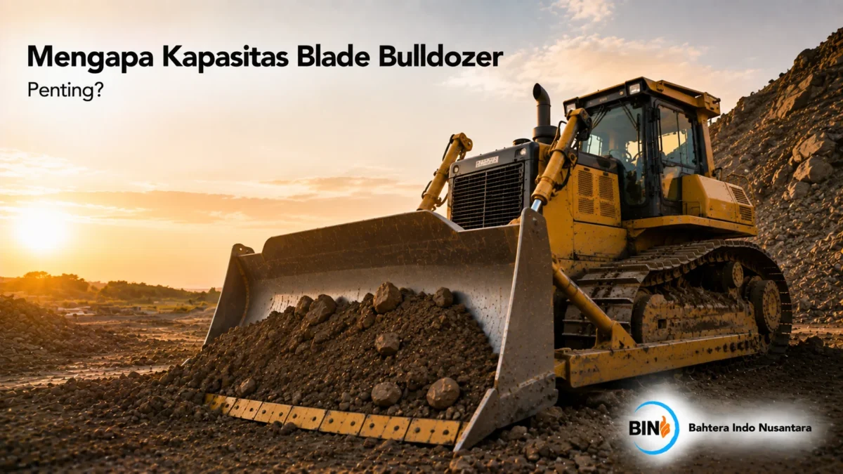 Bulldozer mendorong material tanah dengan blade berkapasitas besar di area konstruksi sebagai ilustrasi pentingnya pemilihan kapasitas blade yang tepat.