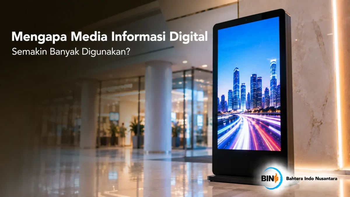 Layar digital signage menampilkan konten informasi di area publik sebagai media komunikasi visual yang modern dan mudah diperbarui.