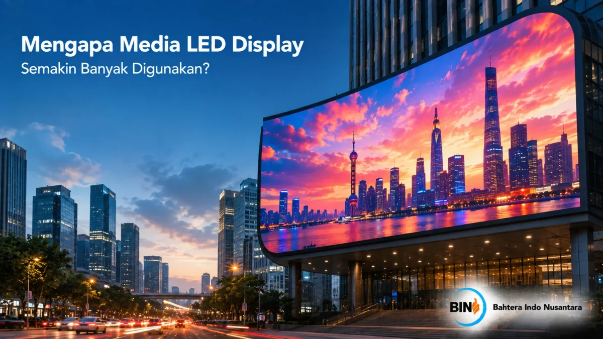 Videotron LED menampilkan konten digital di kawasan perkotaan sebagai media informasi dan promosi dengan tampilan visual yang menarik.