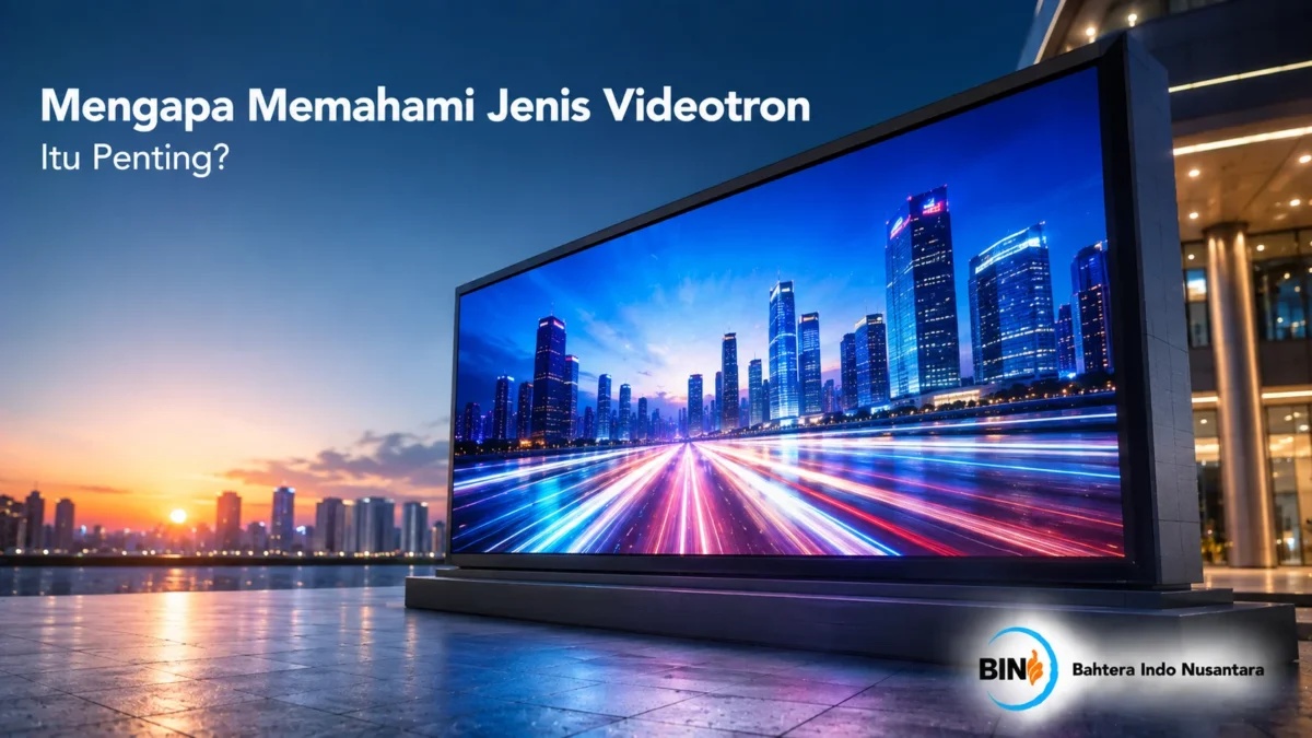 Videotron LED berukuran besar terpasang di area perkotaan sebagai media display digital untuk kebutuhan informasi dan promosi.