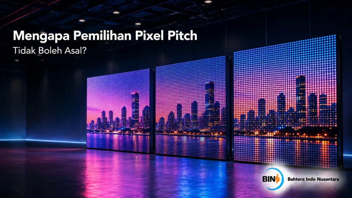 Layar videotron LED menampilkan kualitas gambar yang tajam sebagai ilustrasi pentingnya pemilihan pixel pitch sesuai kebutuhan penggunaan.