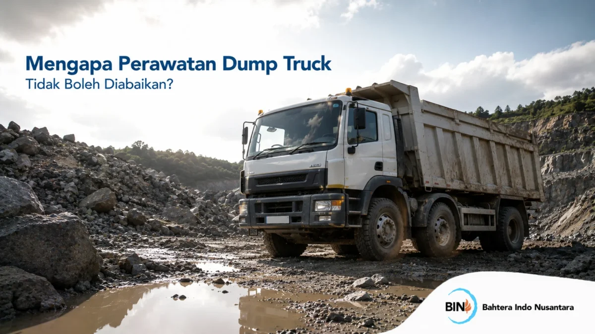 Dump truck di area kerja dengan kondisi siap operasional untuk mendukung perawatan kendaraan secara berkala.