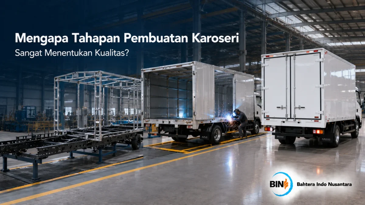 Proses pembuatan karoseri kendaraan yang menunjukkan tahapan fabrikasi hingga menghasilkan bodi kendaraan berkualitas.