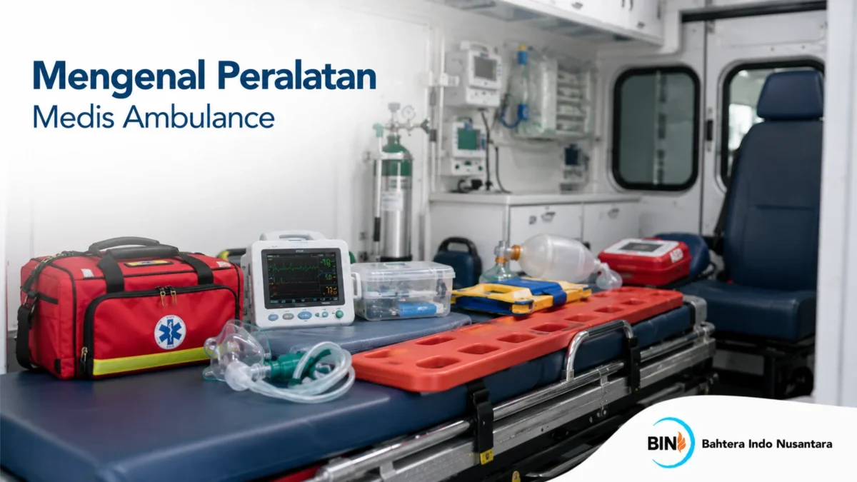 Peralatan medis ambulance seperti monitor pasien, oksigen, dan perlengkapan evakuasi dalam ruang pelayanan darurat.