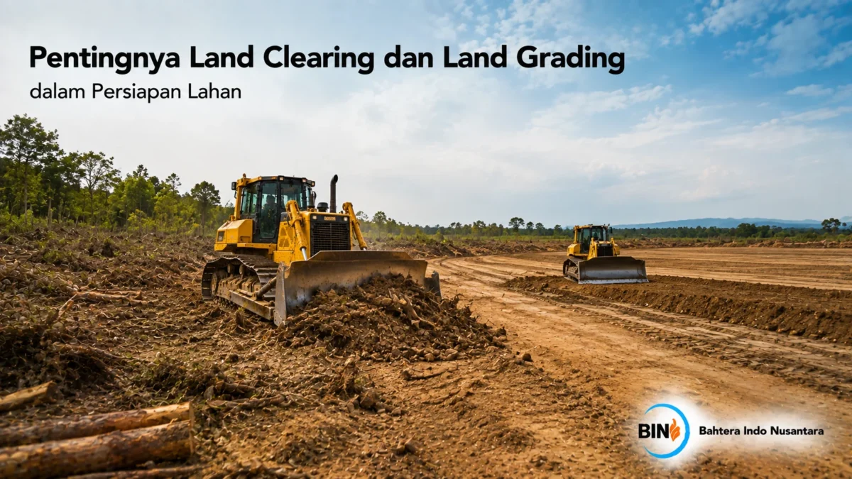 Bulldozer melakukan land clearing dan land grading di area proyek sebagai tahap awal persiapan lahan untuk pembangunan.
