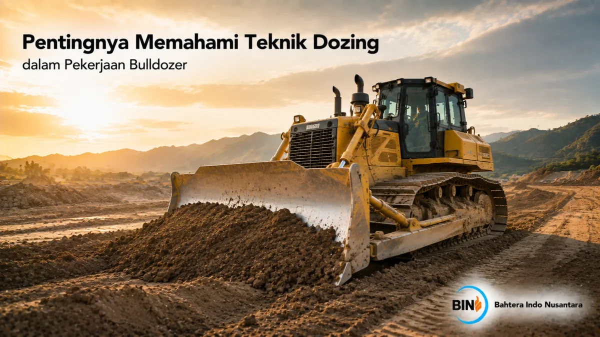 Bulldozer menerapkan teknik dozing untuk mendorong dan meratakan material di area konstruksi secara efisien.