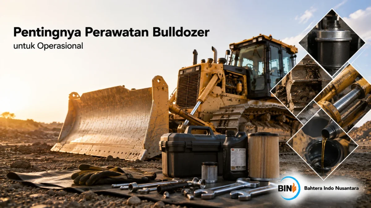 Bulldozer menjalani perawatan berkala di area proyek dengan perlengkapan servis untuk menjaga performa dan keandalan alat berat.