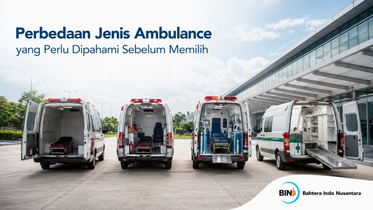 Berbagai jenis mobil ambulance dengan konfigurasi dan perlengkapan berbeda sesuai fungsi pelayanan medis.