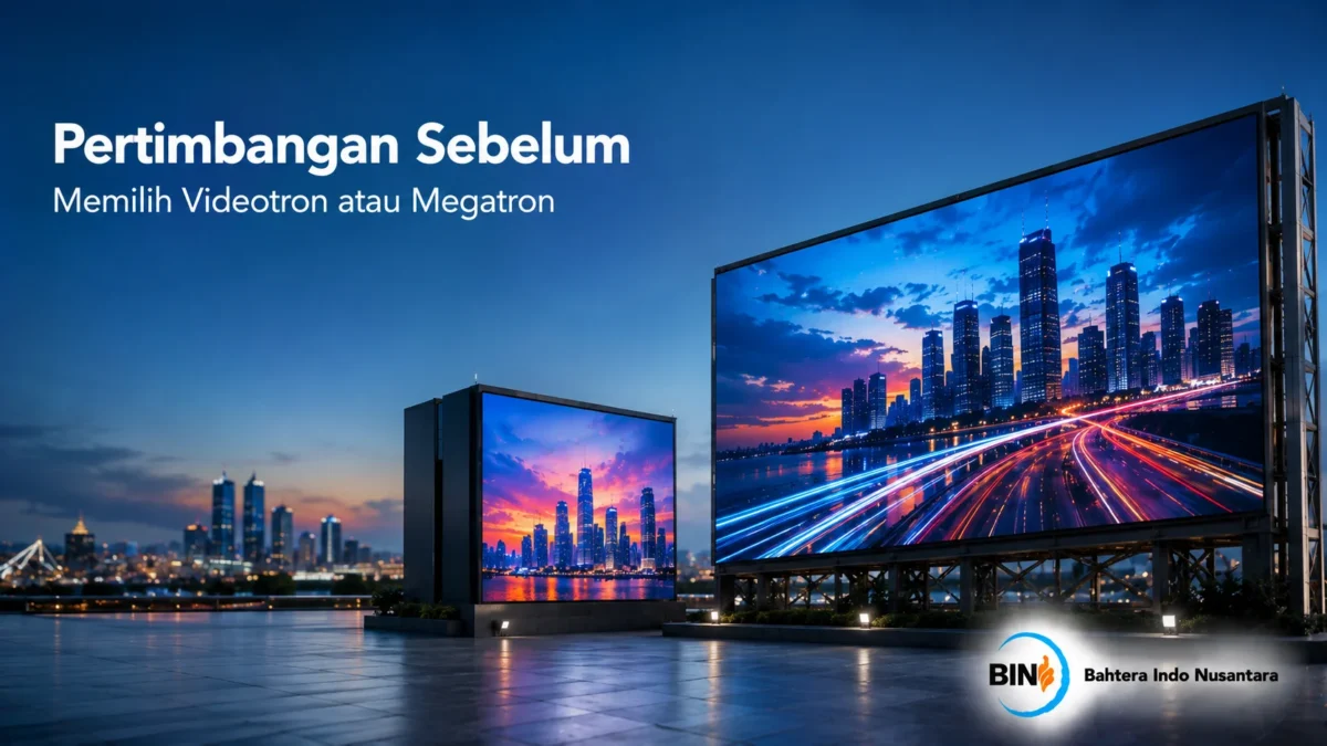 Videotron dan megatron LED terpasang di kawasan perkotaan sebagai media display digital dengan ukuran dan fungsi yang berbeda.