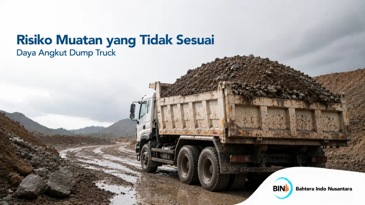 Dump truck dengan muatan material berlebih yang menunjukkan risiko melebihi batas daya angkut kendaraan.