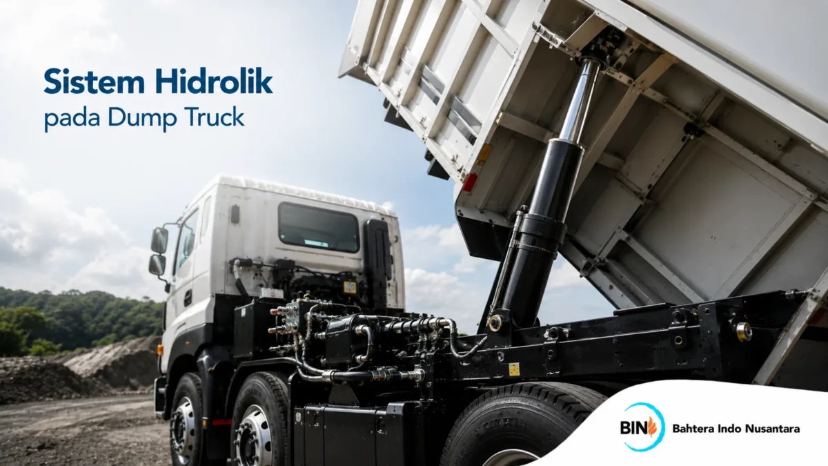 Sistem hidrolik dump truck yang terlihat pada mekanisme pengangkatan bak untuk proses bongkar muat material.