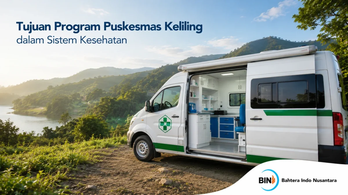 Mobil puskesmas keliling dengan fasilitas medis lengkap di area terpencil untuk mendukung pemerataan layanan kesehatan.