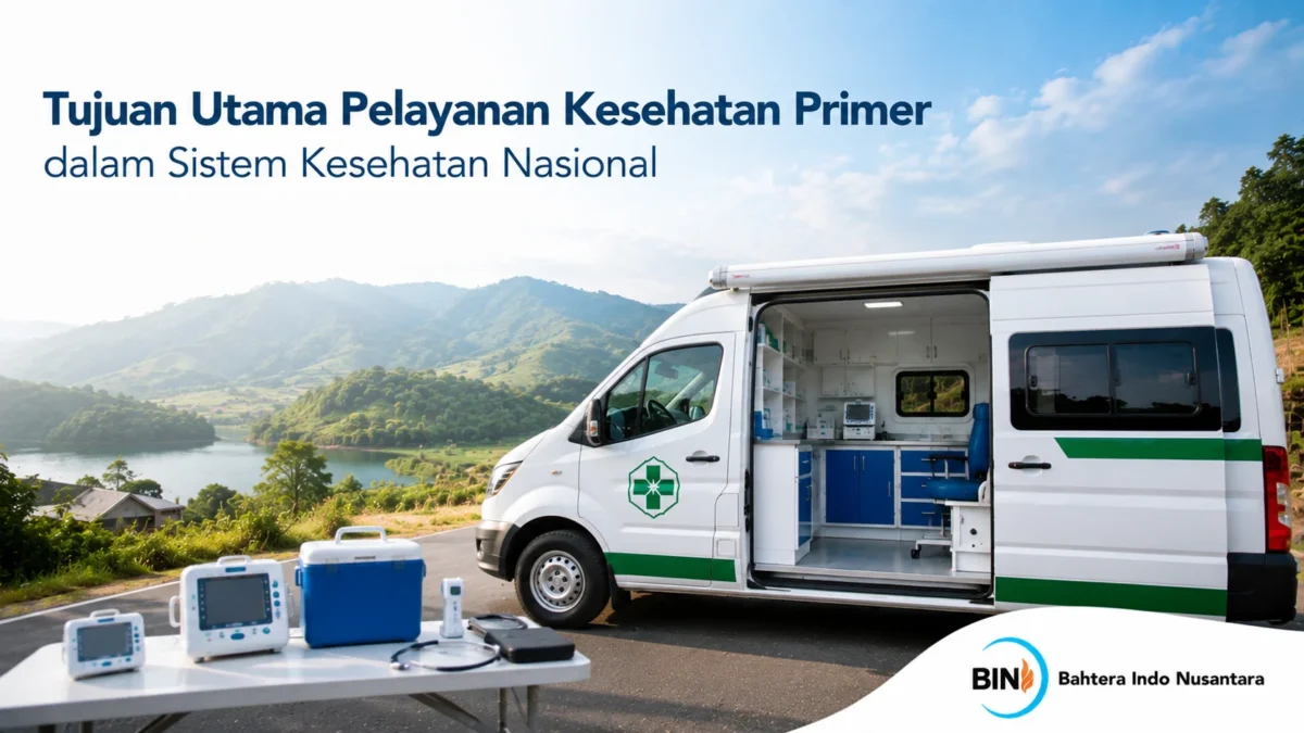 Mobil puskesmas keliling dengan fasilitas medis lengkap yang mendukung pemerataan pelayanan kesehatan primer di berbagai wilayah.