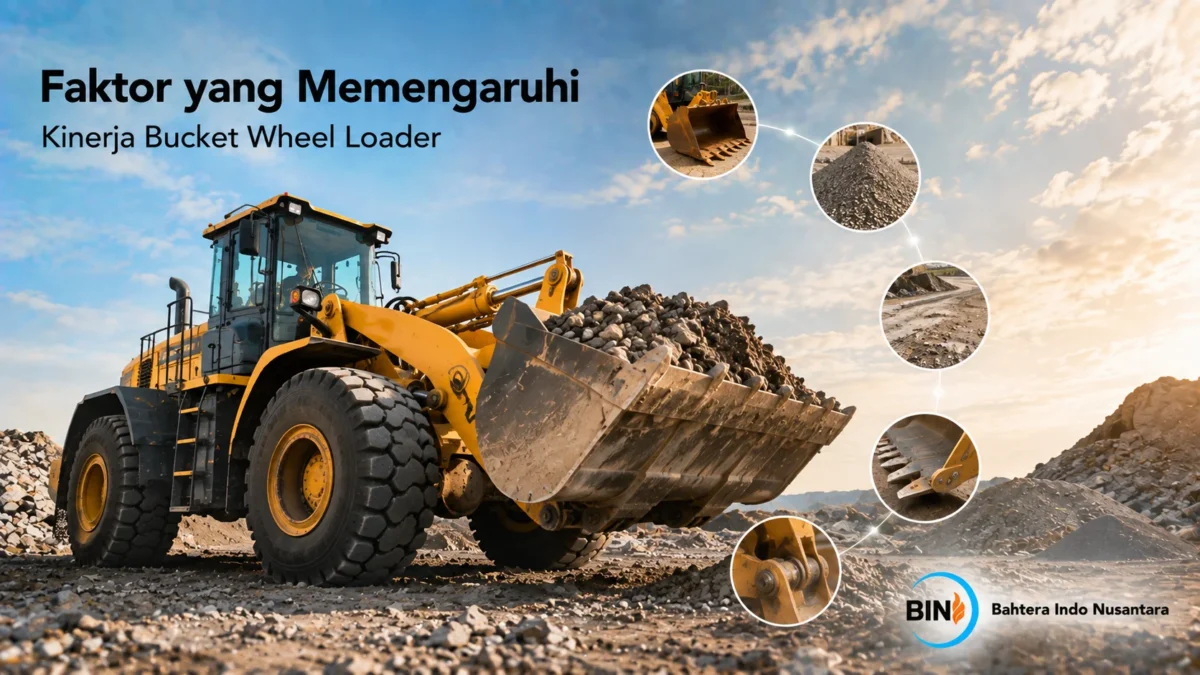 Bucket wheel loader mengangkut material batu di area tambang sebagai ilustrasi faktor yang memengaruhi kinerja alat berat.
