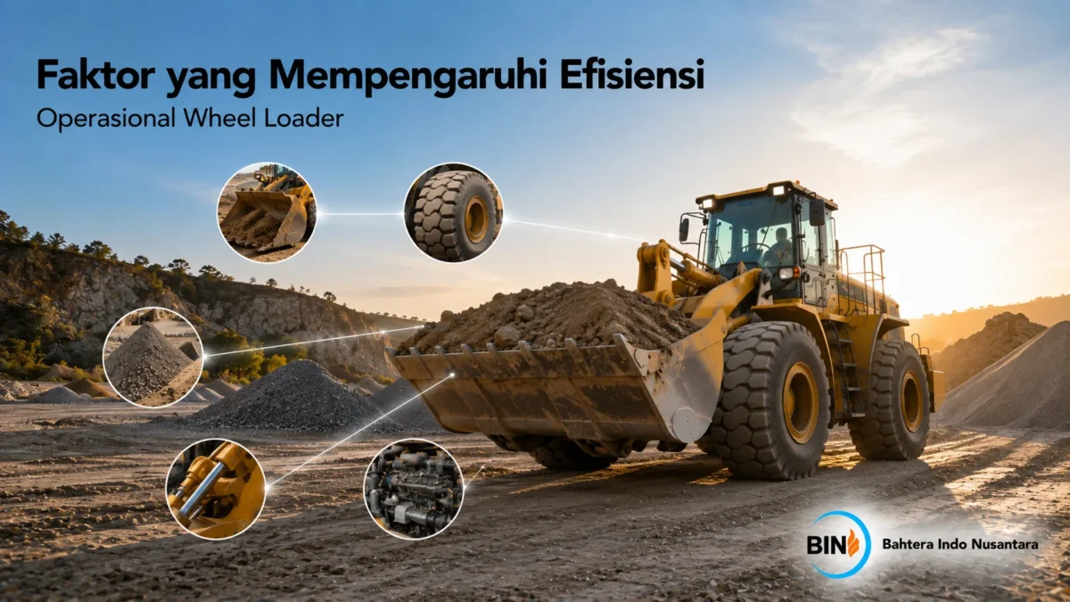Wheel loader mengangkut material di area tambang sebagai ilustrasi faktor yang memengaruhi efisiensi operasional alat berat.