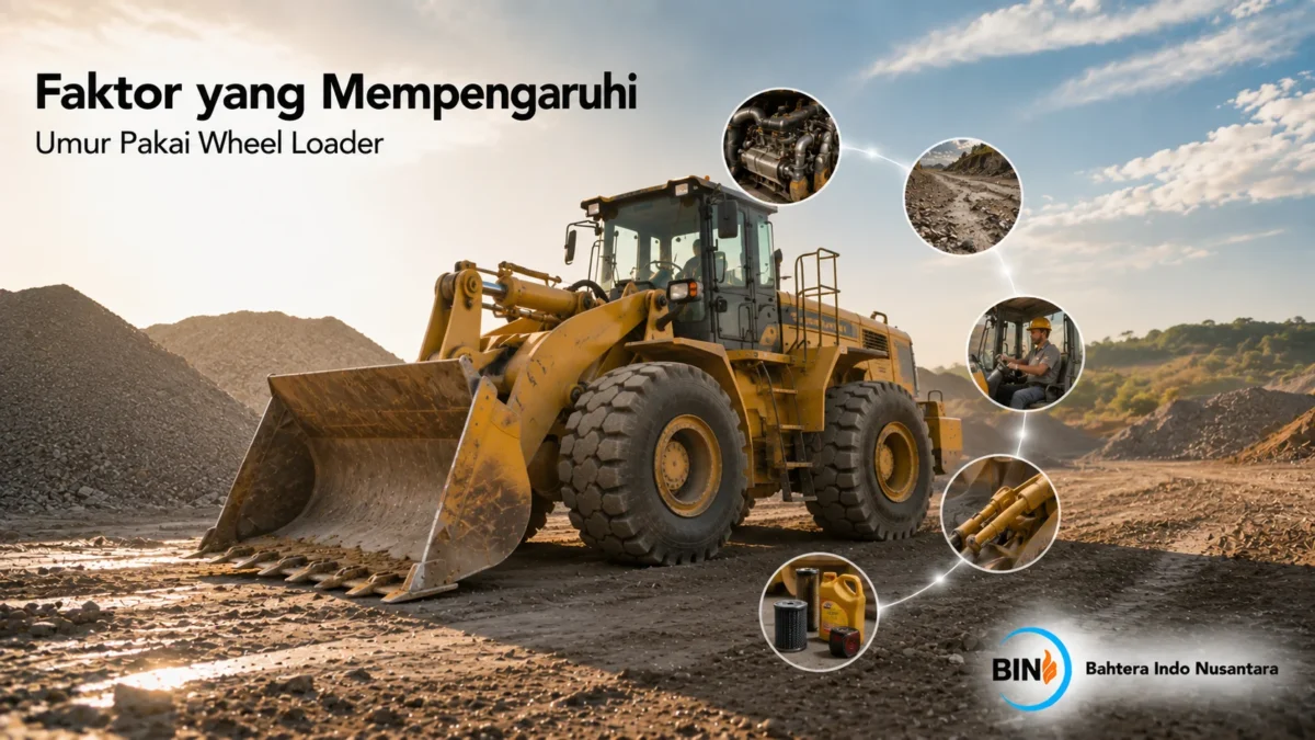 Wheel loader beroperasi di area tambang sebagai ilustrasi faktor yang memengaruhi umur pakai alat berat dalam penggunaan jangka panjang.