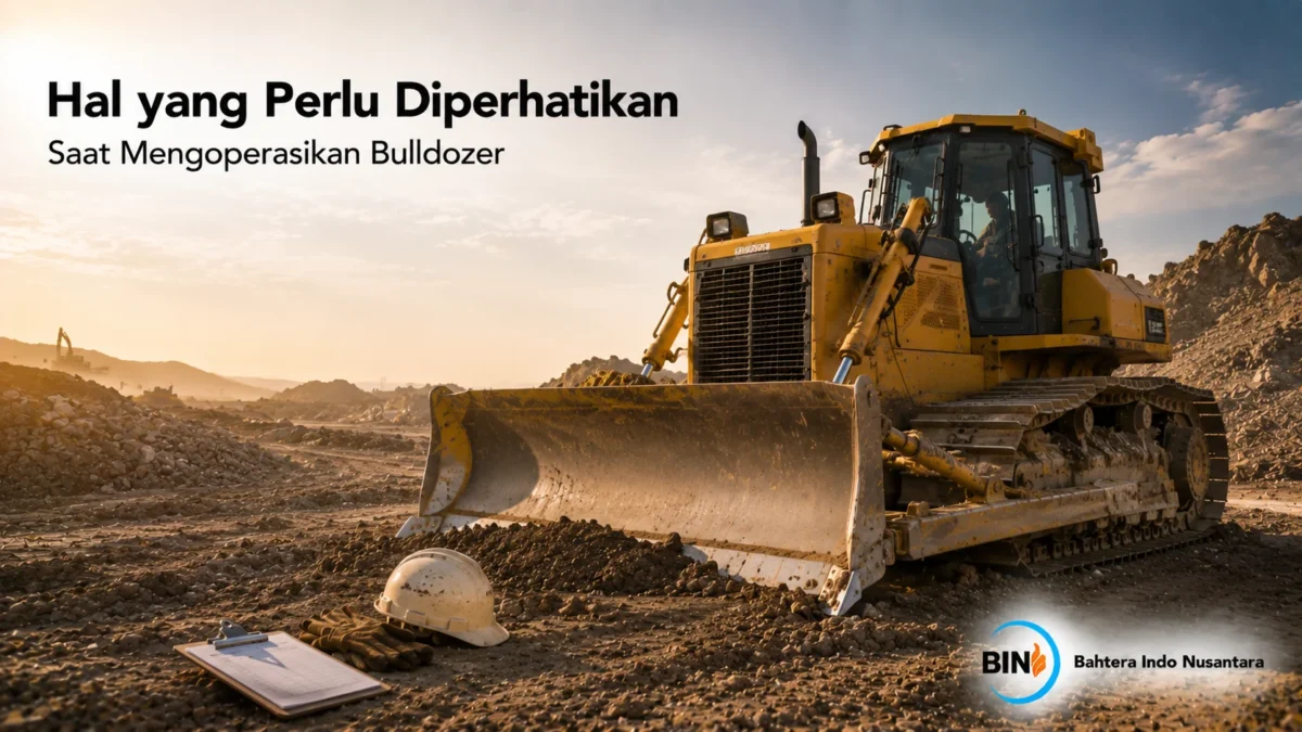 Bulldozer beroperasi di area konstruksi sebagai ilustrasi pentingnya memperhatikan prosedur dan kondisi alat sebelum digunakan.