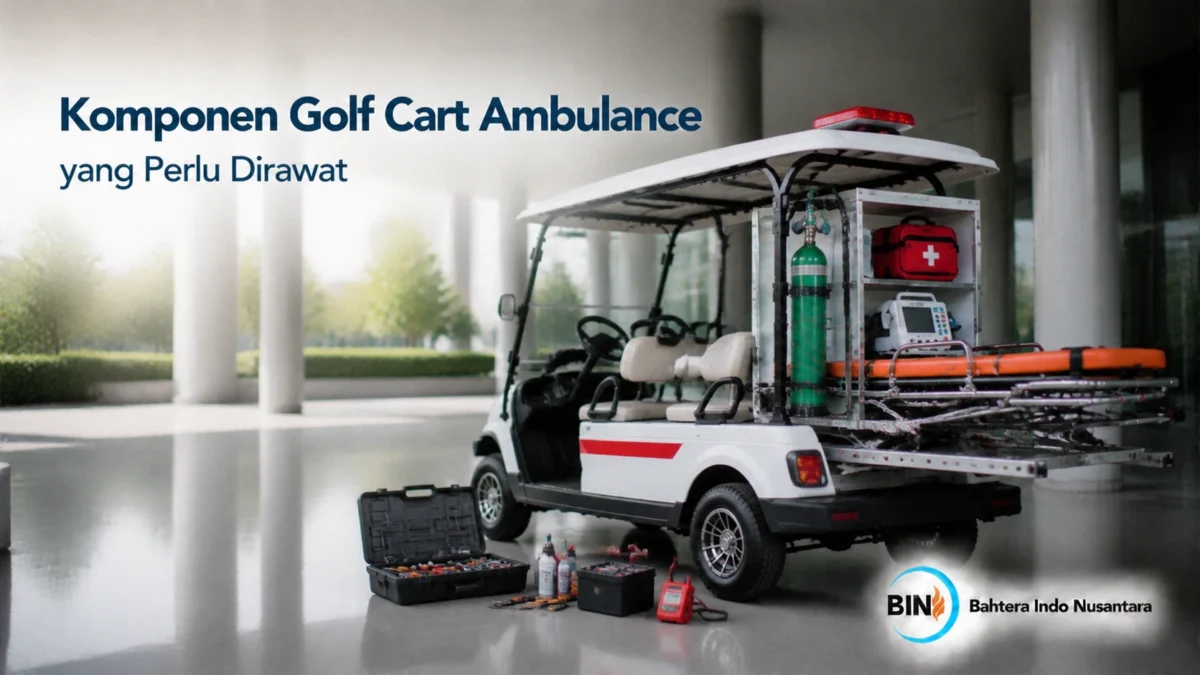 Komponen Golf Cart Ambulance seperti peralatan medis dan sistem kendaraan yang perlu dirawat secara berkala.