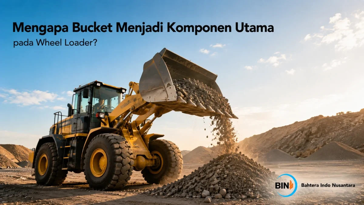 Bucket wheel loader memuat material batu di area tambang sebagai ilustrasi komponen utama yang mendukung produktivitas alat berat.