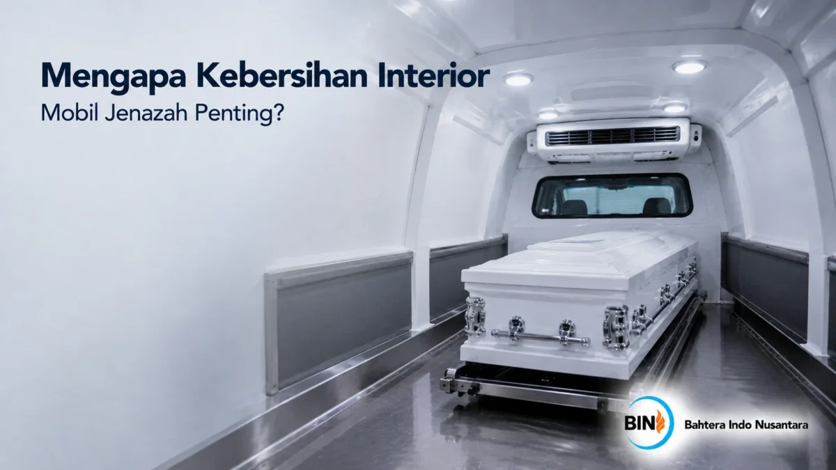 Interior mobil jenazah yang bersih dengan ruang kabin dan fasilitas pendukung untuk menjaga kebersihan kendaraan.