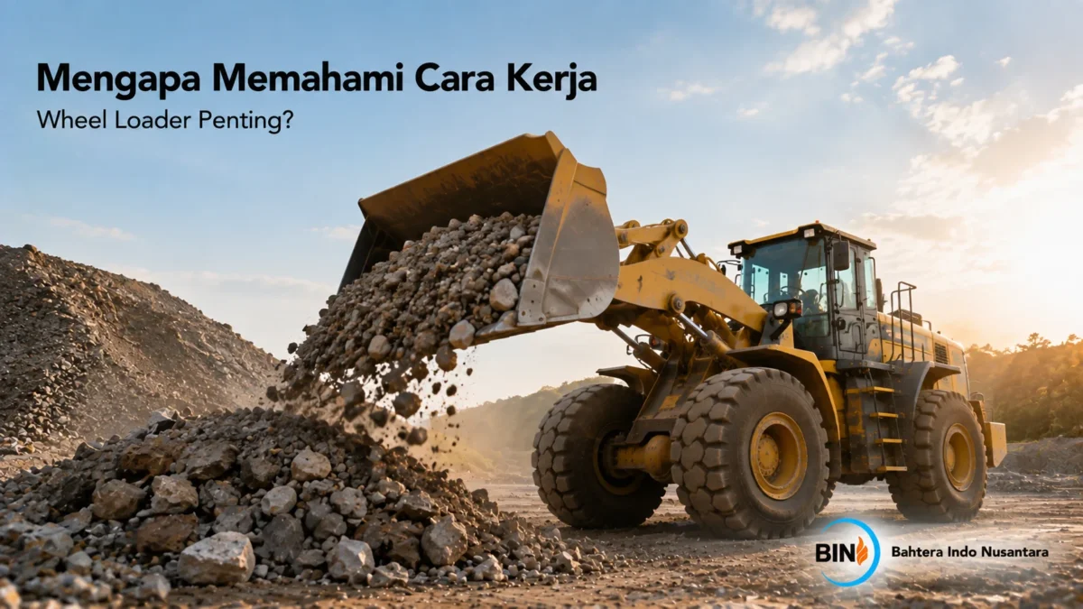 Wheel loader memindahkan material batu di area tambang sebagai ilustrasi proses kerja alat berat yang efisien.