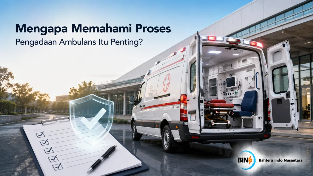 Ambulans dengan fasilitas medis lengkap yang menggambarkan proses pengadaan kendaraan untuk mendukung pelayanan kesehatan.