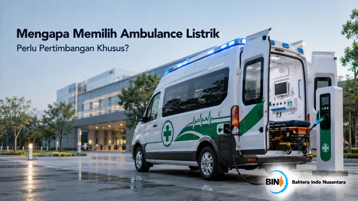 Ambulance listrik dengan fasilitas medis yang mendukung pelayanan kesehatan dan operasional darurat.