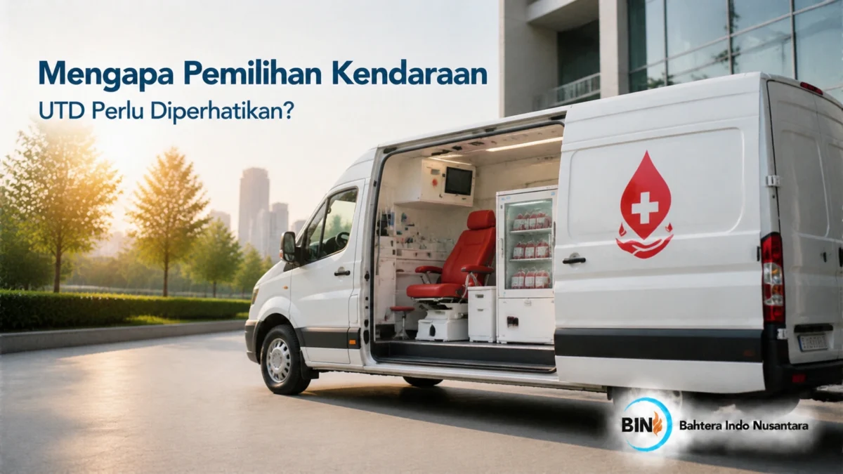 Mobil unit transfusi darah dengan ruang donor dan fasilitas penyimpanan darah untuk mendukung pelayanan kesehatan.