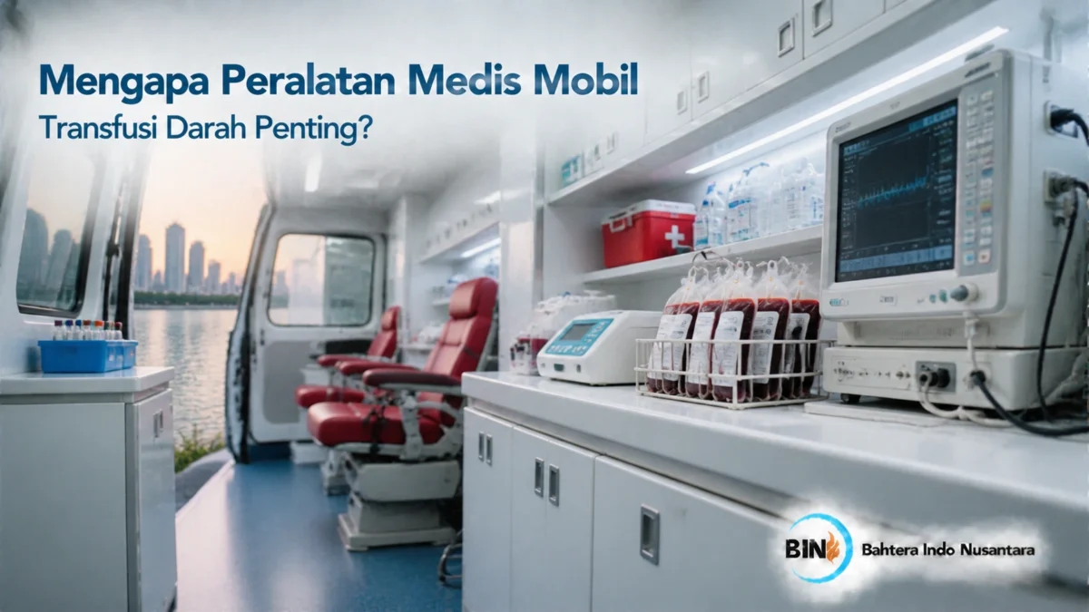 Interior mobil transfusi darah dengan kursi donor, penyimpanan darah, dan peralatan medis pendukung.
