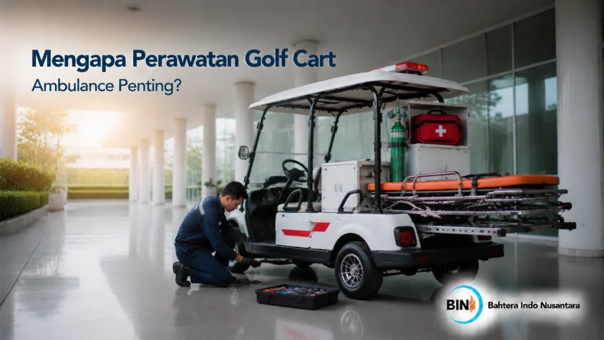 Perawatan Golf Cart Ambulance dengan pemeriksaan komponen kendaraan untuk menjaga kesiapan operasional.