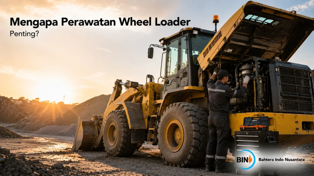 Wheel loader menjalani perawatan rutin di area proyek untuk menjaga performa dan keandalan alat berat selama operasional.