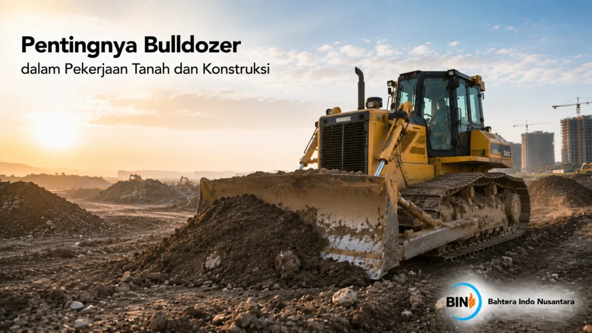 Bulldozer mendorong material tanah di area konstruksi sebagai ilustrasi peran penting alat berat dalam pekerjaan tanah.