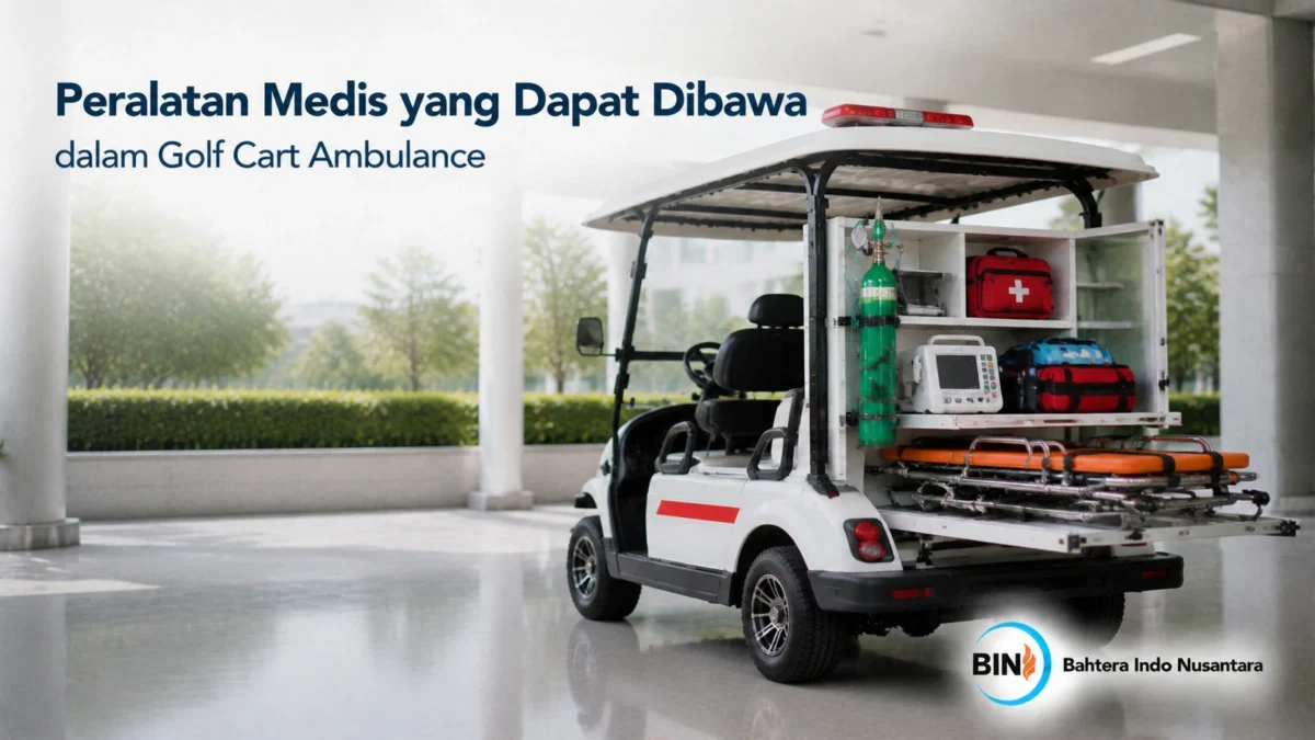 Golf Cart Ambulance dengan perlengkapan medis lengkap seperti stretcher, tas medis, dan tabung oksigen untuk mendukung layanan darurat.