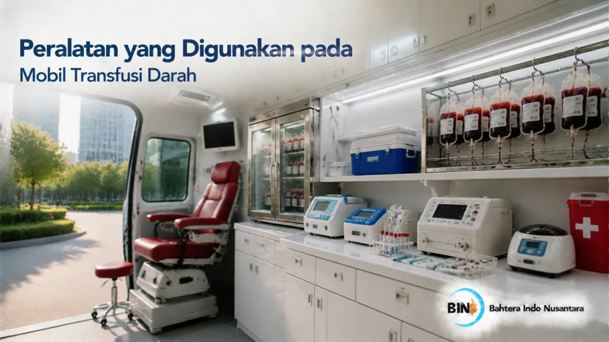Peralatan medis pada mobil transfusi darah seperti kantong darah, alat pemeriksaan, dan perlengkapan penyimpanan.