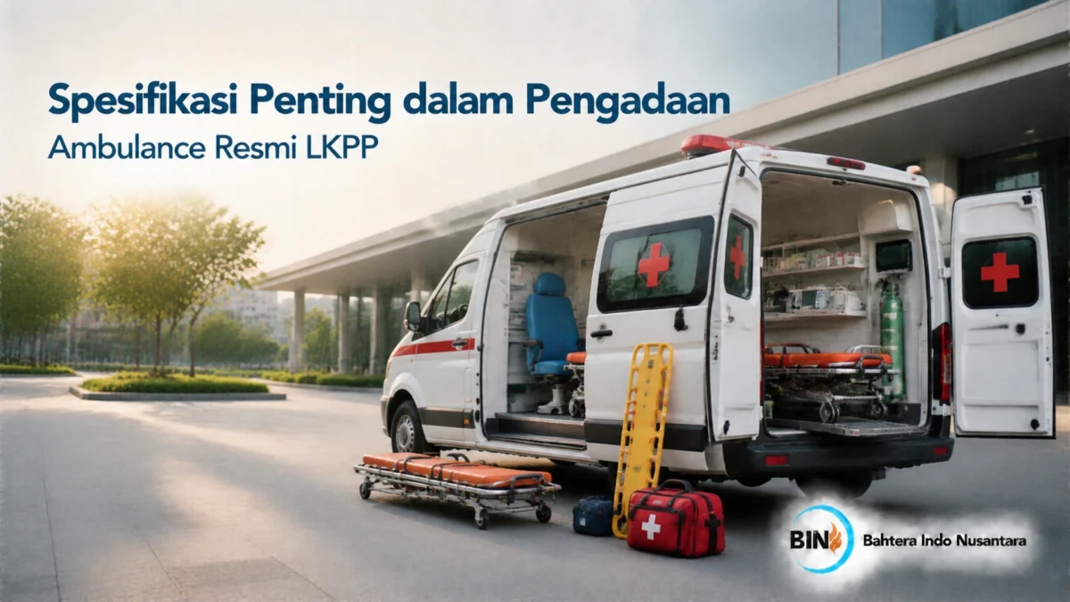 Ambulance resmi LKPP dengan perlengkapan medis, tandu, dan ruang penyimpanan untuk kebutuhan pelayanan darurat.