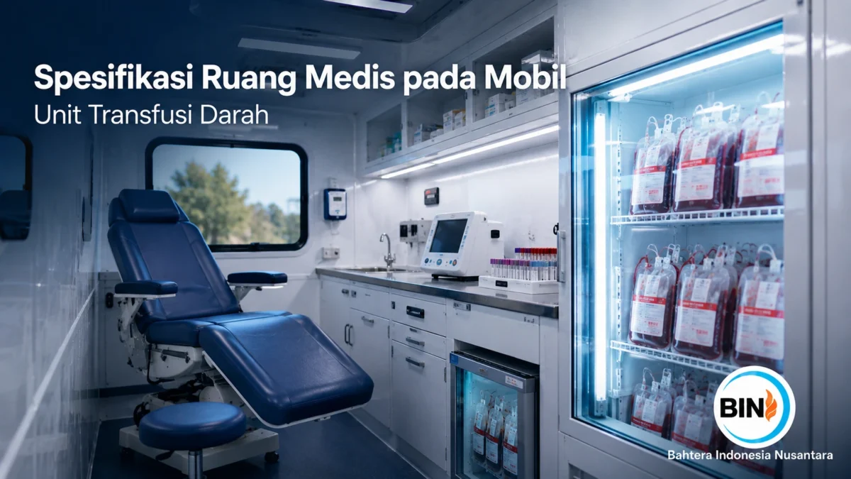 Ruang medis Mobil Unit Transfusi Darah dengan kursi donor, meja kerja, peralatan medis, kabinet penyimpanan, dan lemari pendingin untuk penyimpanan kantong darah.