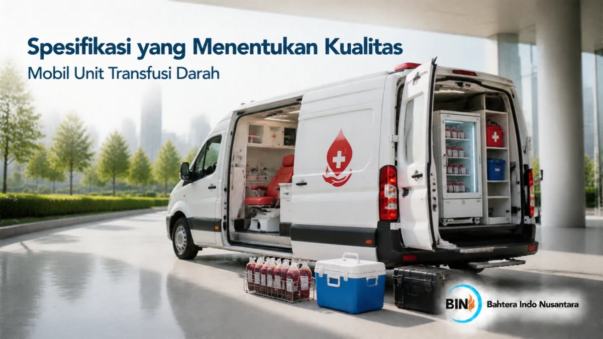 Mobil unit transfusi darah dengan ruang donor, lemari pendingin darah, dan perlengkapan medis lengkap.