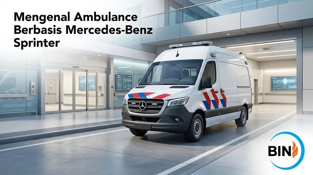 Banner berlatar depan pintu darurat rumah sakit modern yang menampilkan unit ambulans Mercedes-Benz Sprinter, dengan teks Mengenal Ambulance Berbasis Mercedes-Benz Sprinter di kiri atas serta logo BIN Bahtera Indo Nusantara di pojok kanan bawah.