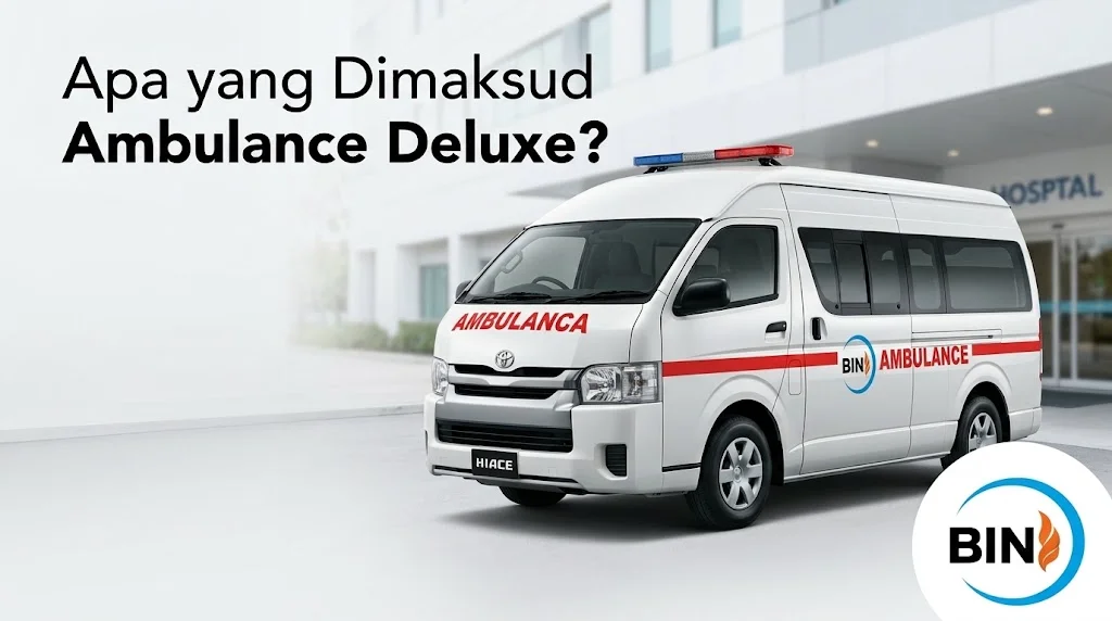 Banner berlatar gedung rumah sakit modern yang menampilkan unit ambulans Toyota Hiace Deluxe berwarna putih, dengan teks Apa yang Dimaksud Ambulance Deluxe? di kiri atas serta logo BIN Bahtera Indo Nusantara di pojok kanan bawah.