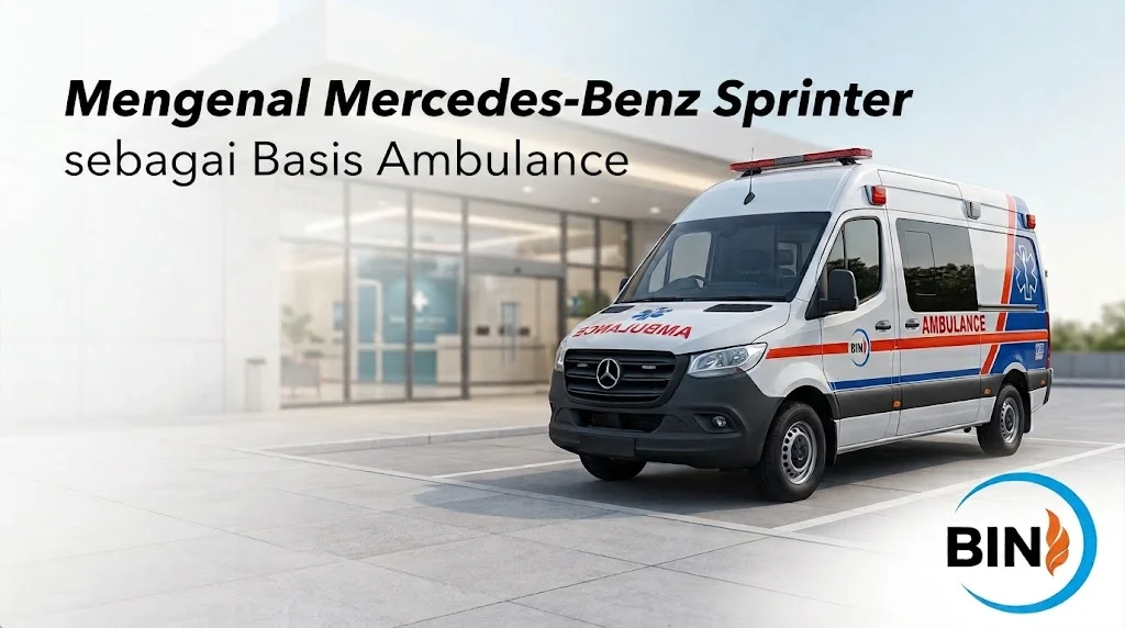 Banner berlatar gedung fasilitas medis modern yang menampilkan ambulans Mercedes-Benz Sprinter, dengan teks Mengenal Mercedes-Benz Sprinter sebagai Basis Ambulance di kiri atas serta logo BIN Bahtera Indo Nusantara di pojok kanan bawah.