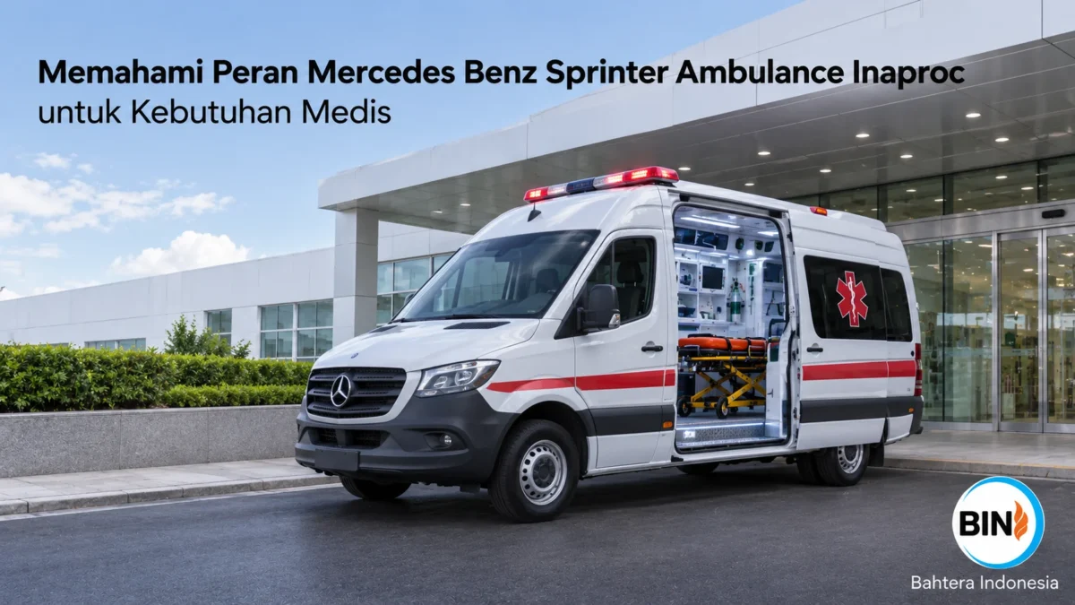 Mercedes Benz Sprinter Ambulance Inaproc untuk kebutuhan medis dengan fasilitas ambulance lengkap di depan fasilitas kesehatan.