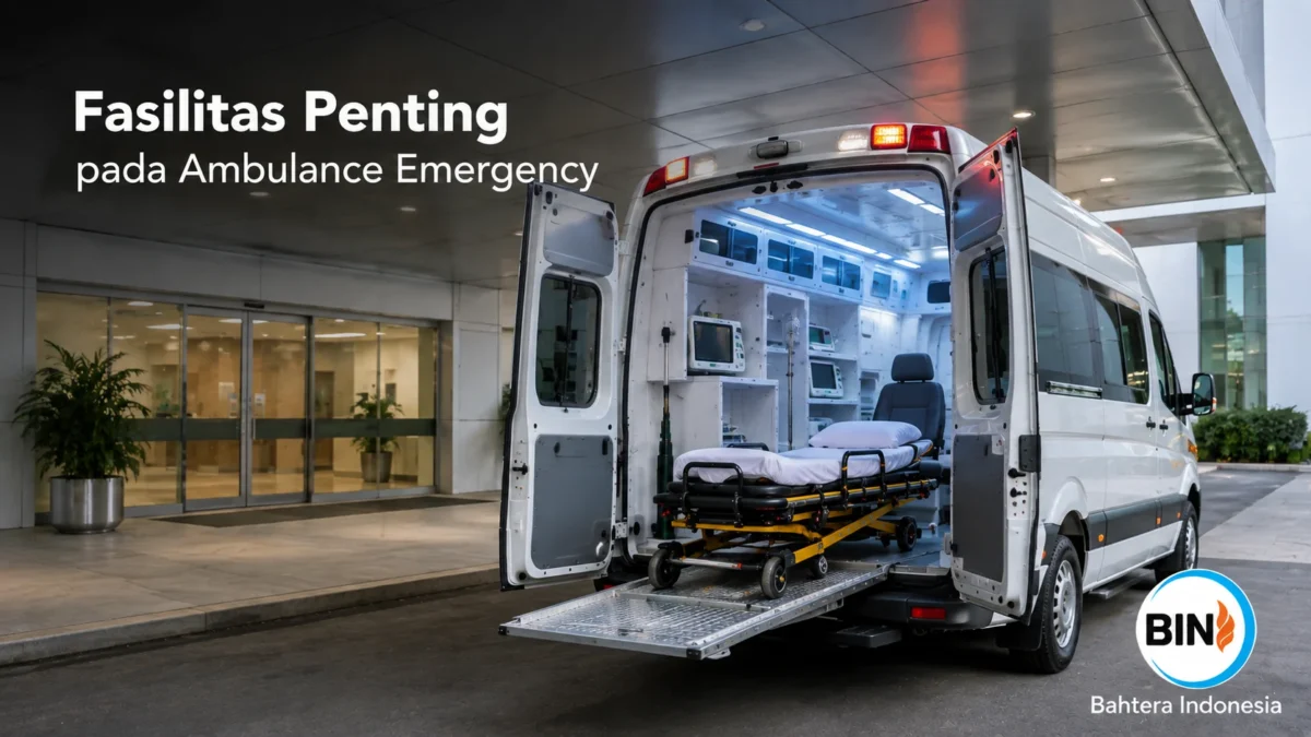 Fasilitas penting pada ambulance emergency dengan stretcher, tabung oksigen, monitor medis, dan ruang perawatan lengkap.