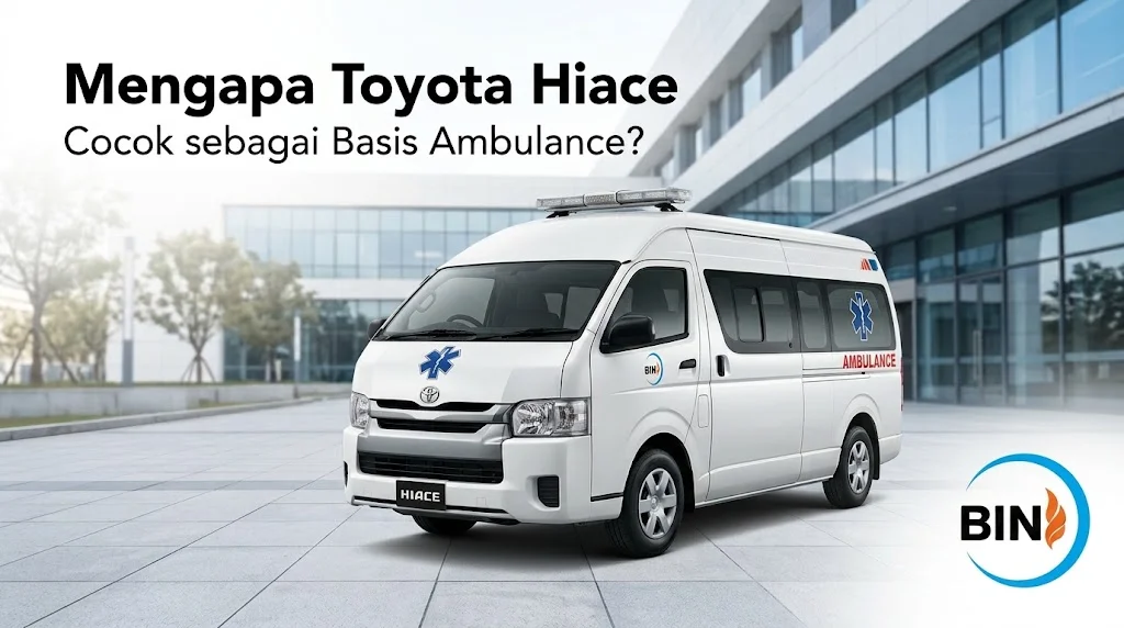 Banner berlatar gedung medis modern yang menampilkan unit ambulans Toyota Hiace berwarna putih, dengan teks Mengapa Toyota Hiace Cocok sebagai Basis Ambulance? di kiri atas serta logo BIN Bahtera Indo Nusantara di pojok kanan bawah.